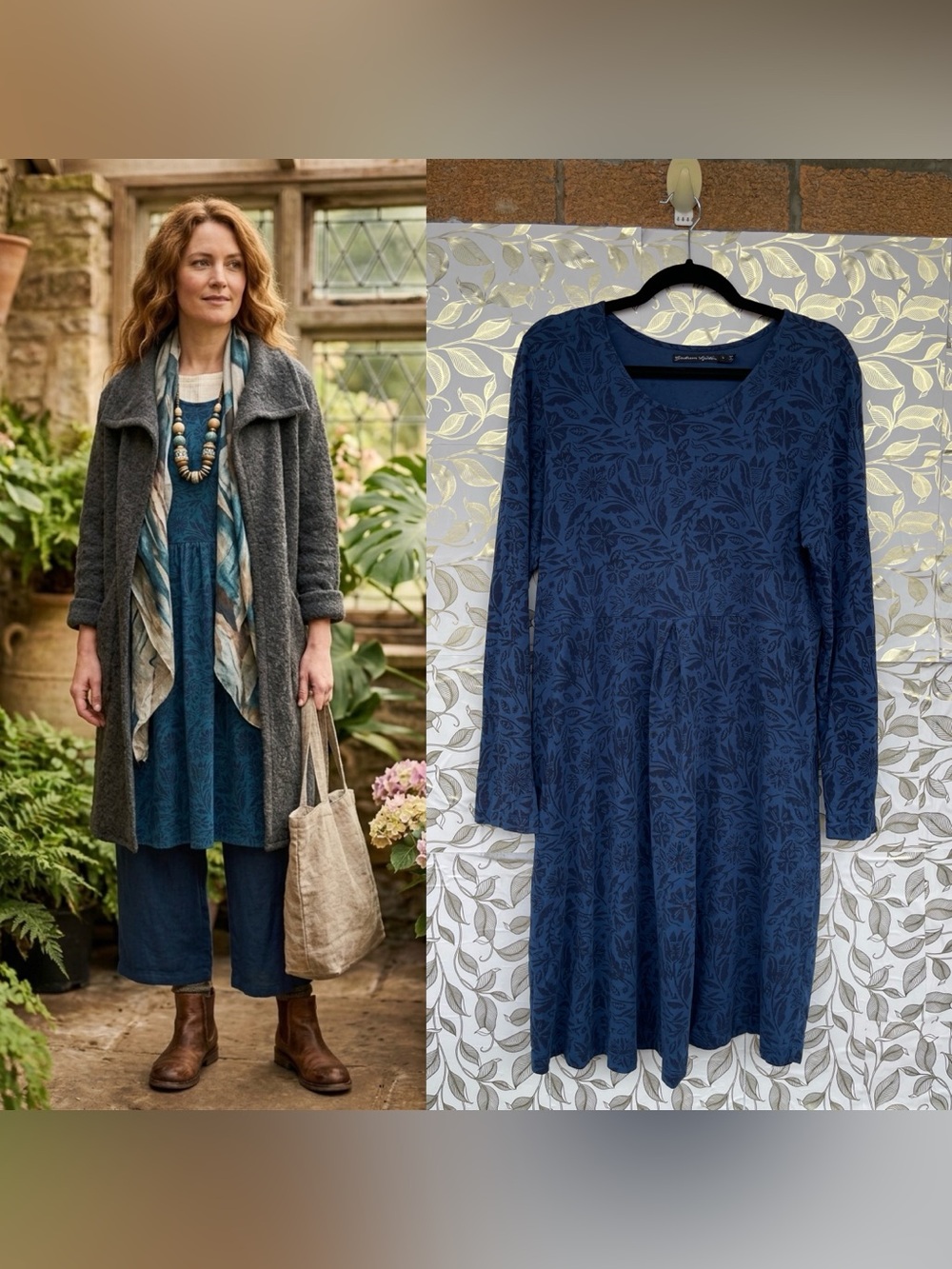 Gudrun Sjoden Organic Cotton Blue Botanical Lagenlook Dress L Pockets Scandiboho